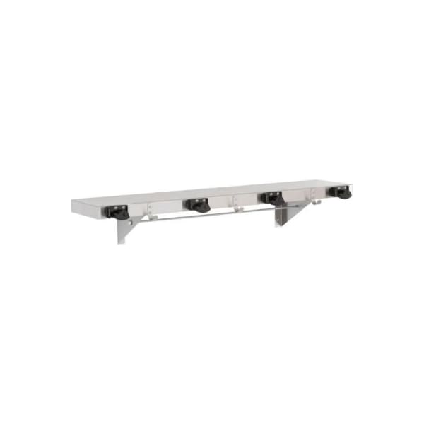 Bobrick Mop/Broom Holder w/ Hooks, Stainless, 36in, 3 Hooks/4 Prongs -